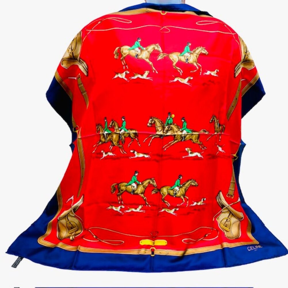 Unused-CELINE Paris 100% SilkScarf 34" x34" Red Blue Hourses Dogs Italy Made(59 - Picture 3 of 15